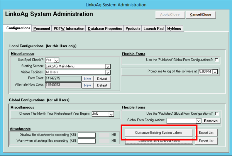 AG Dynamic System Labels Admin Screen A