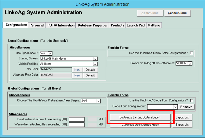 AG Dynamic System Labels Admin Screen A