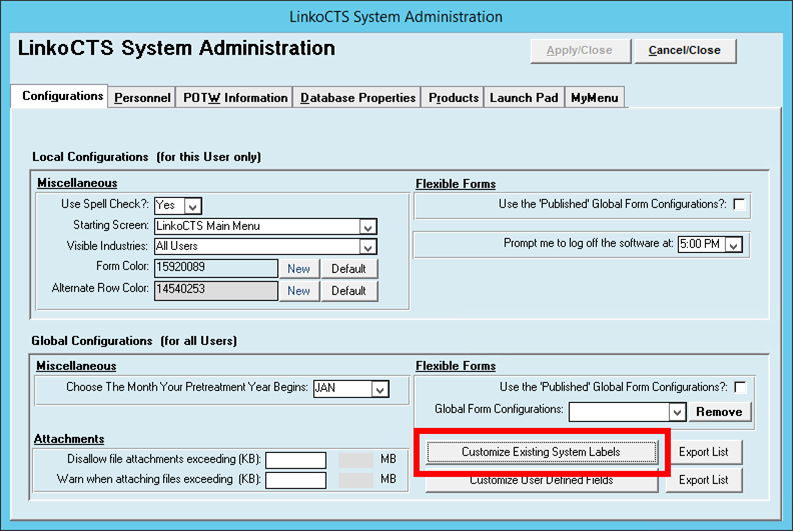 Dynamic System Labels Admin Screen A