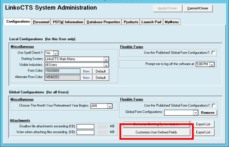 User Defined Fields System Admin Screen A